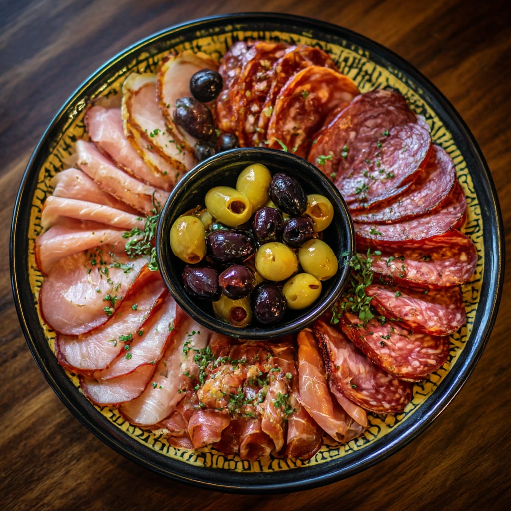 6 mixed meats (40g each), olives