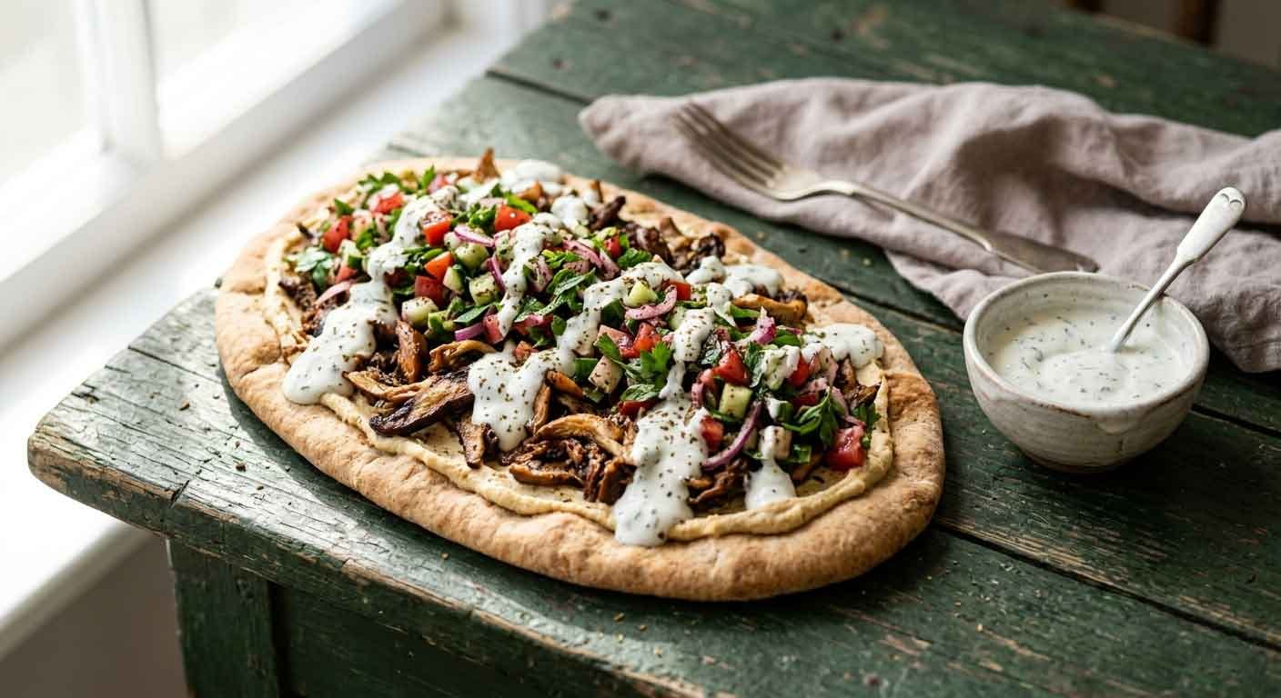 Flatbread with whole bulgur, mixed wild mushrooms and Greek yoghurt and black toasted sesame (v)